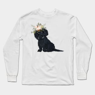 Black Dog with Flowers Long Sleeve T-Shirt